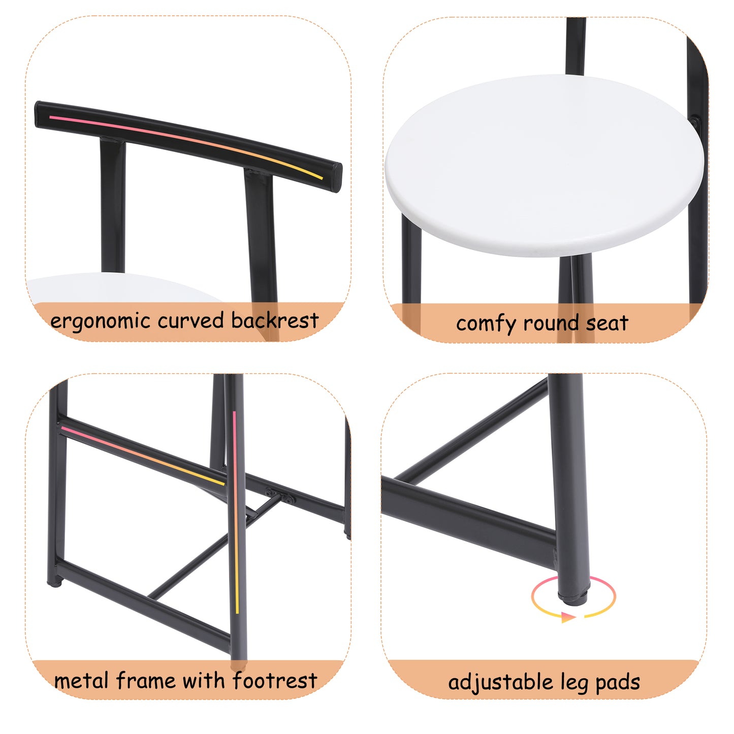 Lot de 3 Tabourets de Bar Métal avec Dossier - Hauteur Comptoir