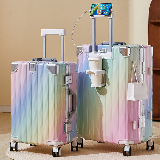 Valise rigide à cadre aluminium sans fermeture éclair, serrure TSA, porte-gobelet et port USB, colorée et tendance