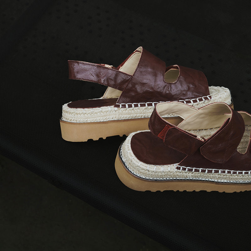 Women's Handmade Full - Grain Sheepskin Espadrille Platform Sandals, Adjustable