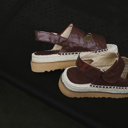Women's Handmade Full - Grain Sheepskin Espadrille Platform Sandals, Adjustable