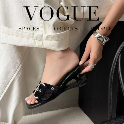 Women's Handcrafted Horsehair Buckle Slide Sandals, Square Toe Sculptural Heel M
