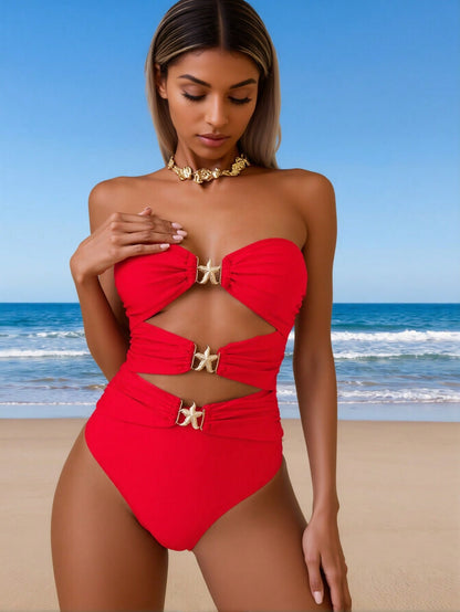 Maillot 1 Pièce Bandeau Ajouré Étoile de Mer - Rouge