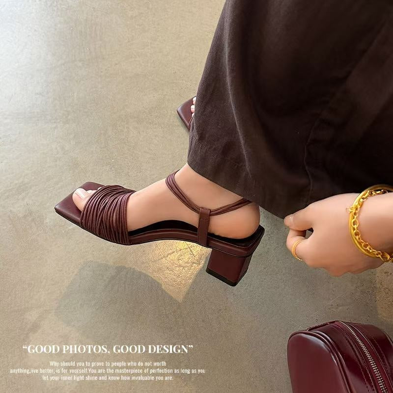 Women's Handmade Multi - Strap Leather Block Heel Sandals, Square - Toe Ankle Wr