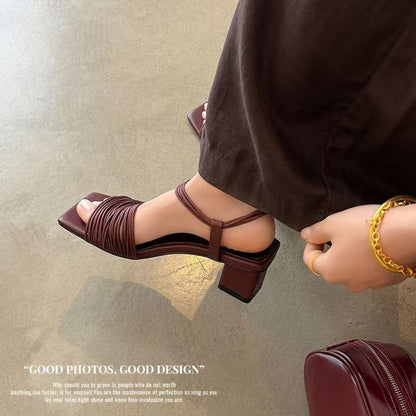 Women's Handmade Multi - Strap Leather Block Heel Sandals, Square - Toe Ankle Wr