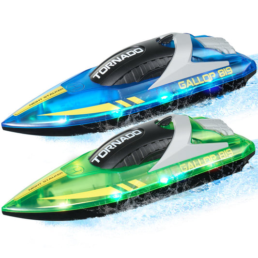 RC Boat, 2 Pack 2.4GHz 12 Km/h, Remote Control Boat For Pools & Lakes, Racing Boat With LED Light, 4 Rechargeable Batteries, Whole Body Waterproof, Gift For Adults Boys & Girls, Blue & Green