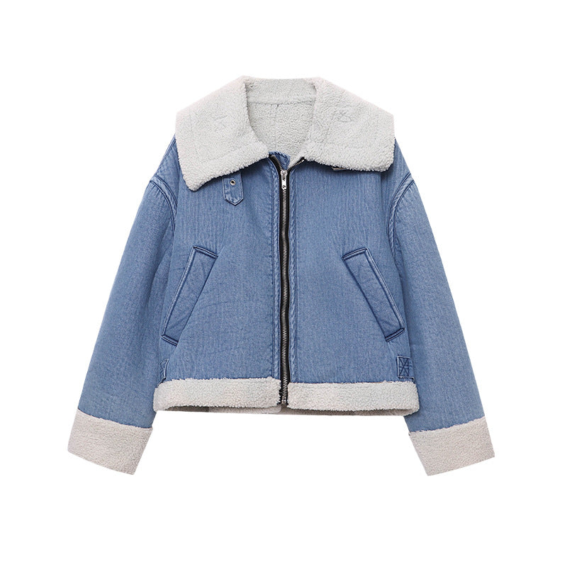 Street Style Warm Faux Shearling Fur-and-Leather Reversible Lapel Denim Jacket