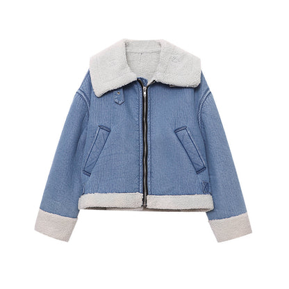 Street Style Warm Faux Shearling Fur-and-Leather Reversible Lapel Denim Jacket