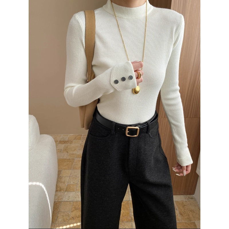 Chic Buttoned Cuffed Slim-Fit High-Neck Knit Top Layering Essential