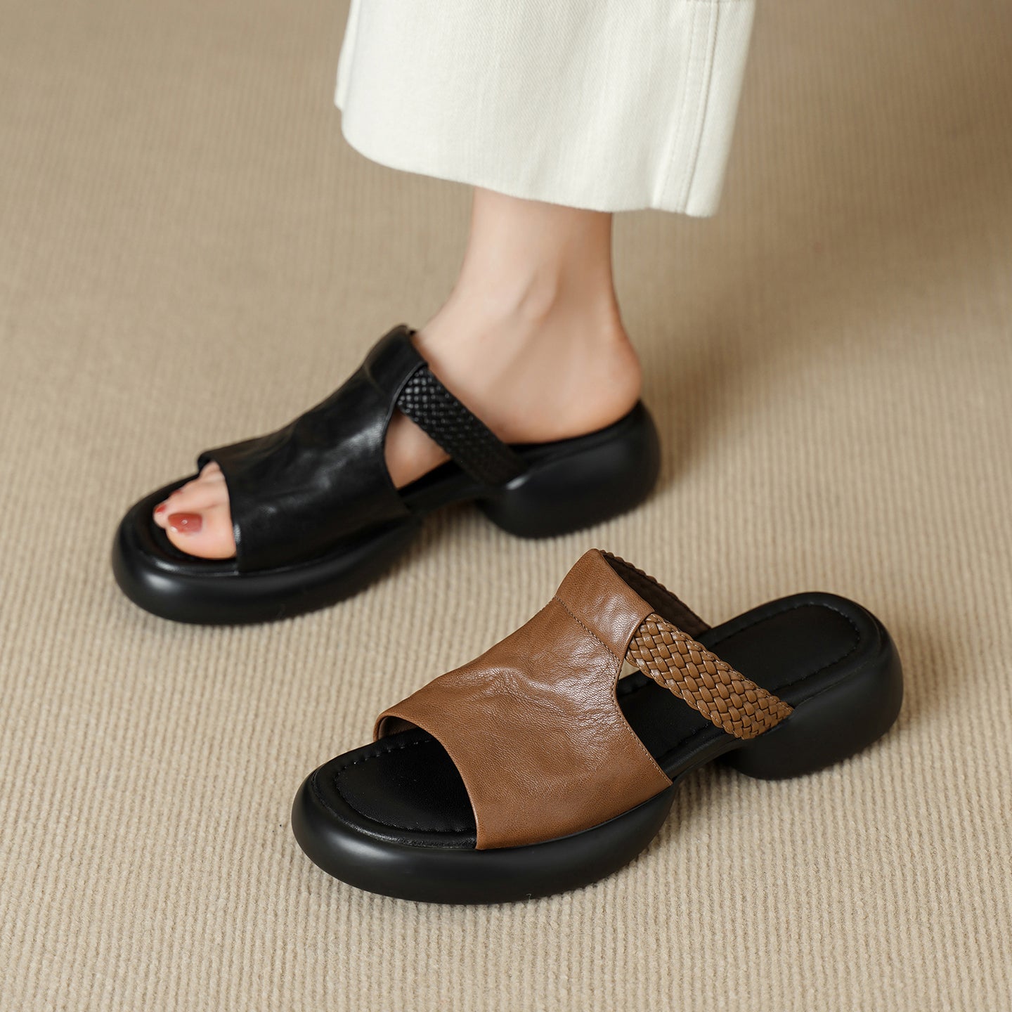 Women's Handmade Full - Grain Sheepskin Woven Platform Slide Sandals, Open - Toe