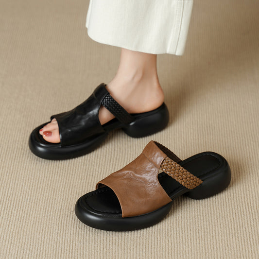 Women's Handmade Full - Grain Sheepskin Woven Platform Slide Sandals, Open - Toe