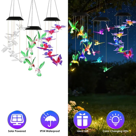 3Pack Solar Hummingbird Butterfly Dragonfly Wind Chimes 7 Color Changing Wind Chime For Outside IPX4 Waterproof Outdoor Garden Yard Decor