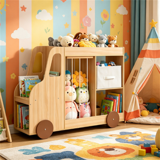 Meuble de Rangement Jouets 4-en-1 à Roulettes - Bibliothèque Voiture Bois