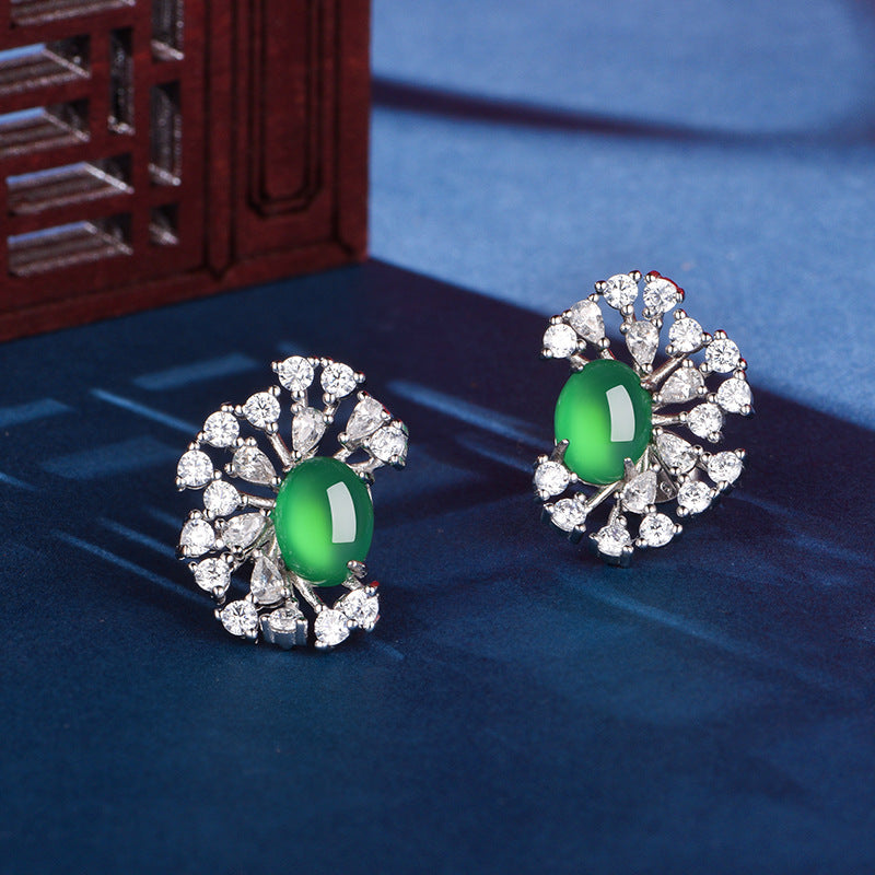 Boucles d'Oreilles Puces Halo Soleil Argent S925 - Chrysoprase Verte