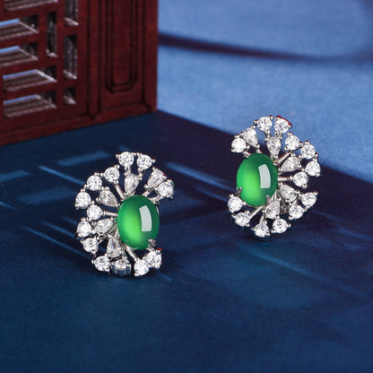 Boucles d'Oreilles Puces Halo Soleil Argent S925 - Chrysoprase Verte
