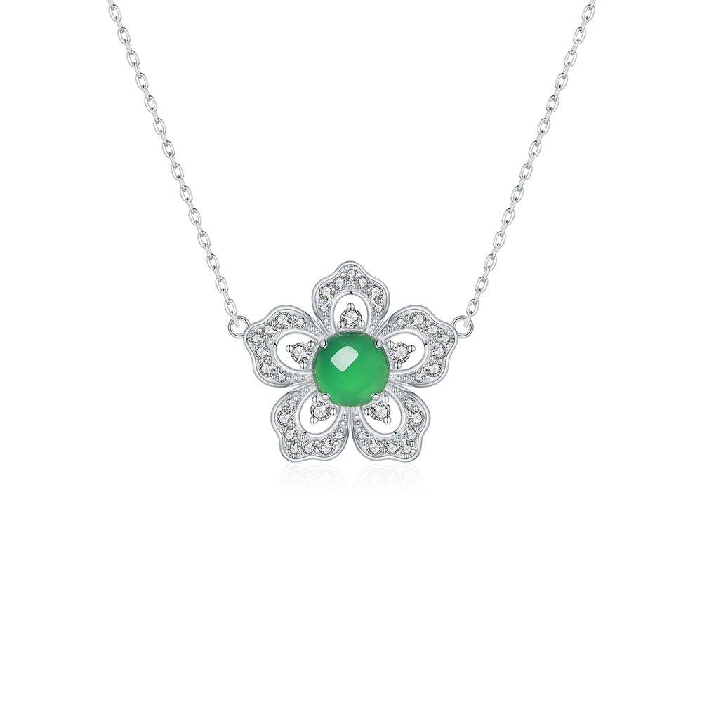Collier Argent S925 Trèfle Fleur - Pendentif Chrysoprase Verte 8mm