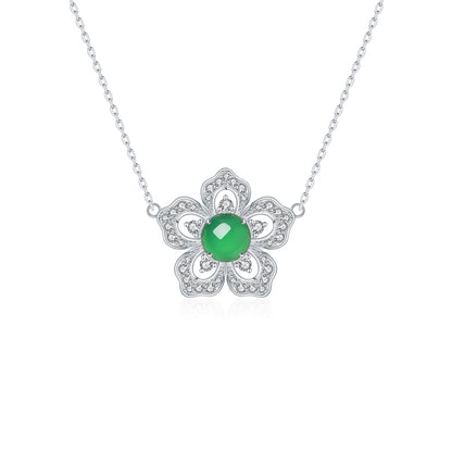 Collier Argent S925 Trèfle Fleur - Pendentif Chrysoprase Verte 8mm