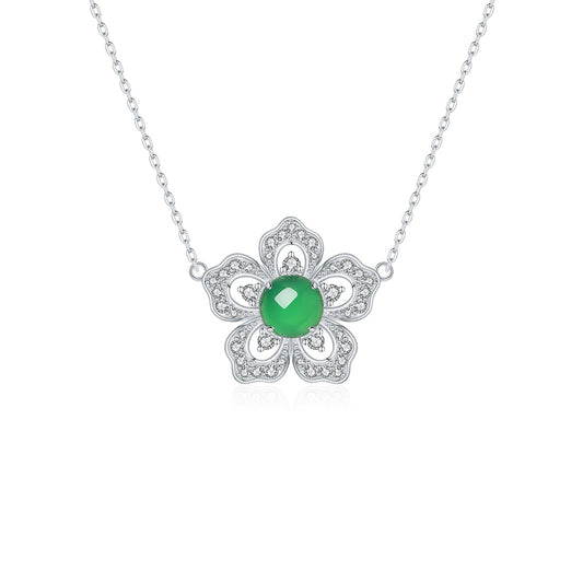 Collier Argent S925 Trèfle Fleur - Pendentif Chrysoprase Verte 8mm