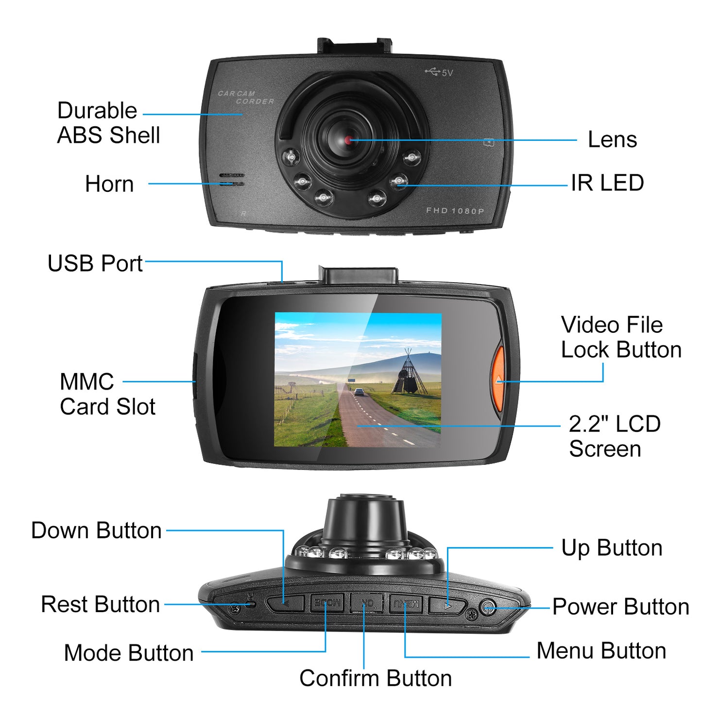 Dashcam Voiture Full HD 1080P - Grand Angle 90° Vision Nocturne