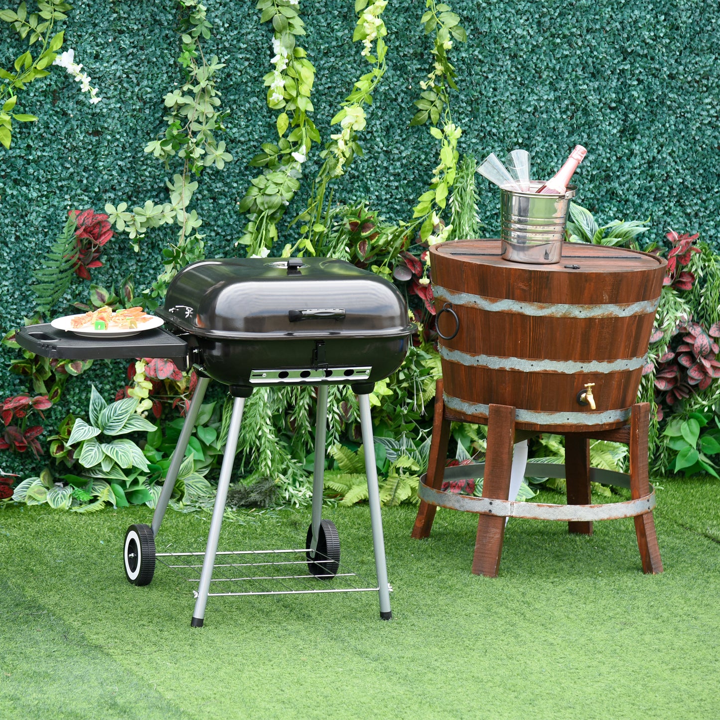 22" Charcoal Barbecue Grill With Portable Wheel, Side Tray And Lower Shelf For Outdoor BBQ For Garden, Backyard, Poolside