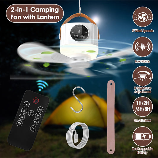 Ventilateur de plafond pour tente avec lumière, 7200 mAh rechargeable, télécommande, 4 vitesses, 3 luminosités