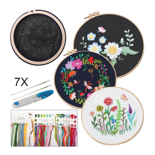 Embroidery Beginners DIY Cross  Kits Pre-Printed Floral Pattern With Hoop.