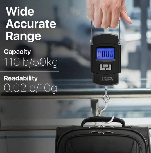 Pèse-bagages numérique portable 50 kg avec écran LCD rétroéclairé, crochet acier et tare, pour voyage et pêche