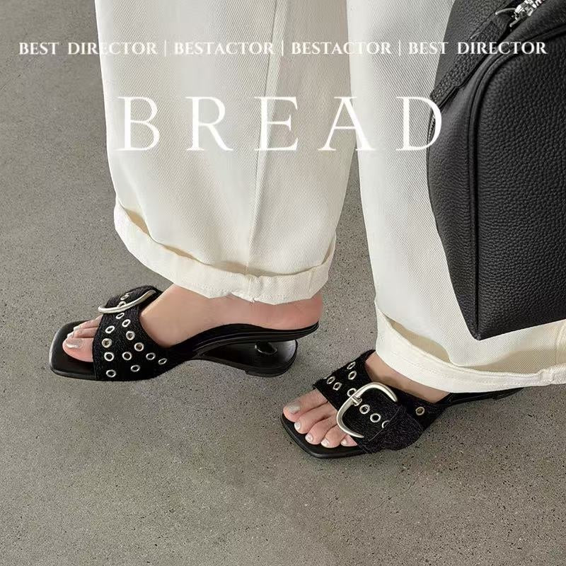 Women's Handcrafted Horsehair Buckle Slide Sandals, Square Toe Sculptural Heel M
