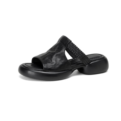 Women's Handmade Full - Grain Sheepskin Woven Platform Slide Sandals, Open - Toe
