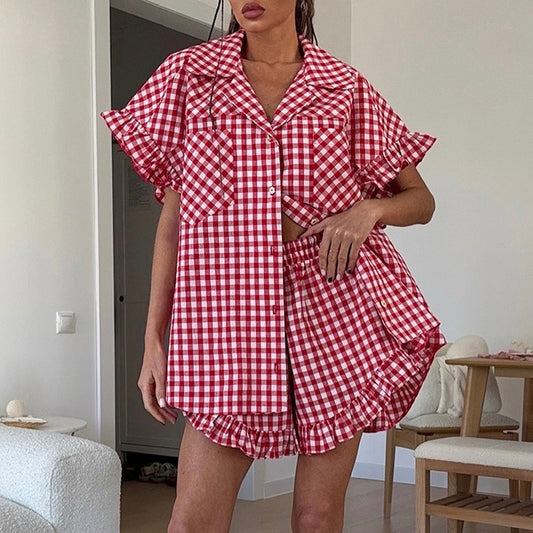 Ensemble Chemise à Volants Carreaux + Short Taille Haute