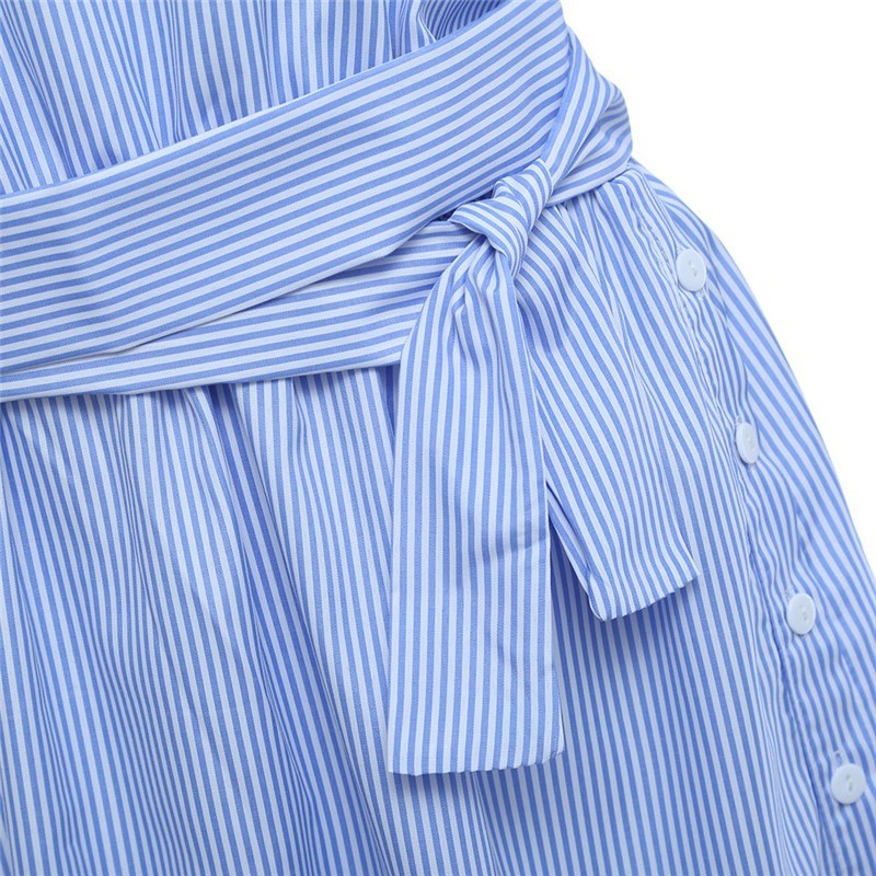 Sexy Elegant Half Sleeve Blue Striped Women Shirt Dress