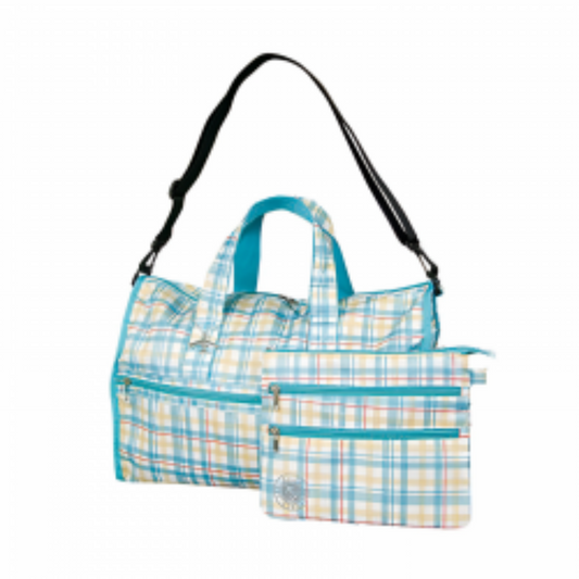 Sac de voyage pliable Boston, sac de rangement à main pour bagage, usage extérieur et professionnel, carreaux bleus