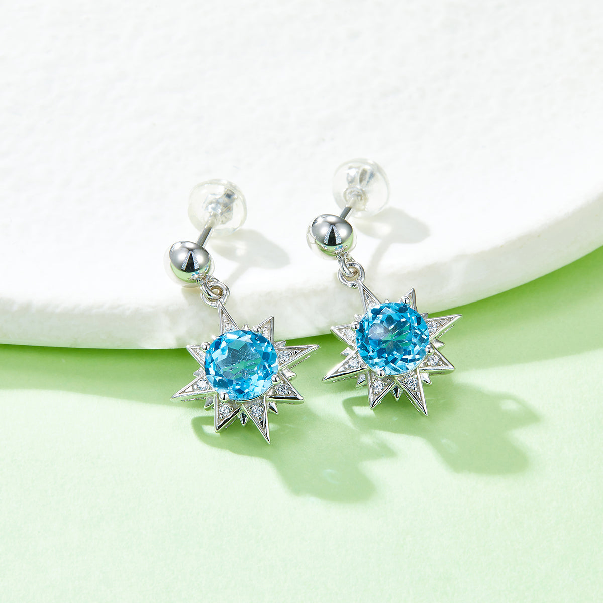 Boucles d'Oreilles Pendantes Argent S925 Étoile - Cristal Bleu 6mm