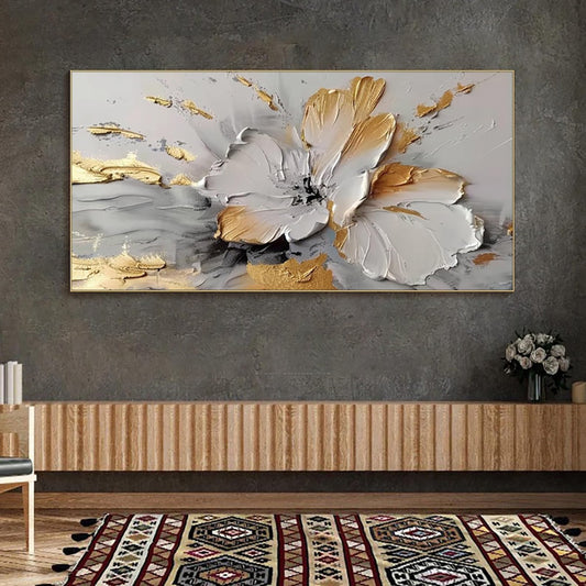 Handmade Oil Painting Canvas Wall Art Decoration Modern Abstract Rich Golden-White Floral For Home Living Room Decor Rolled Frameless Unstretched Painting