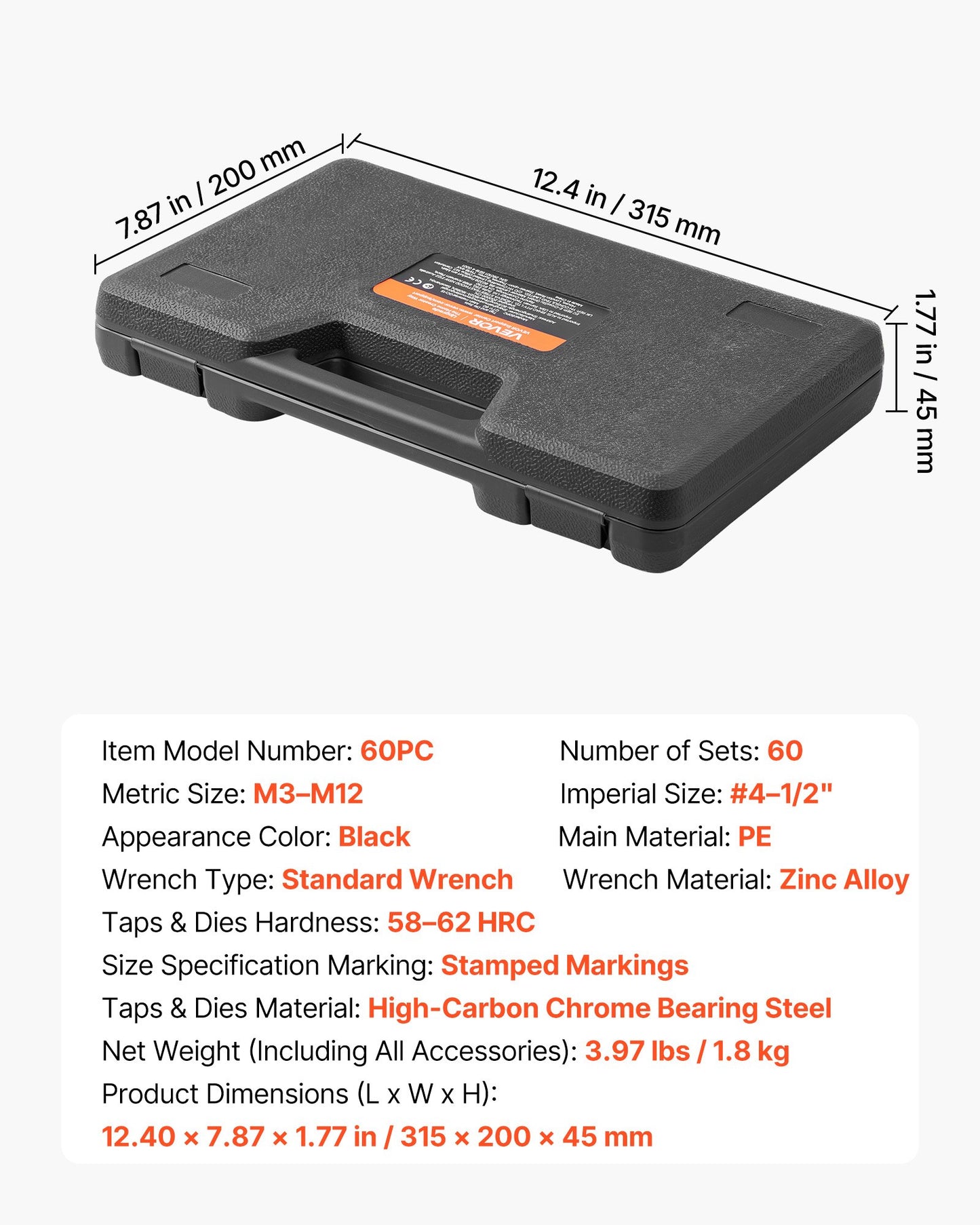 Tap And Die Set, 60-Piece Metric And SAE Sizes M3 To M12, #4 To 1/2", With Coarse And Fine Thread Taps And Dies, Wrench, Carrying Case And Complete Accessories, For Threading And Rethreading