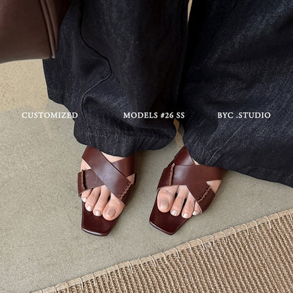 Women's Handmade Full - Grain Leather Crisscross Flat Sandals, Square - Toe Side