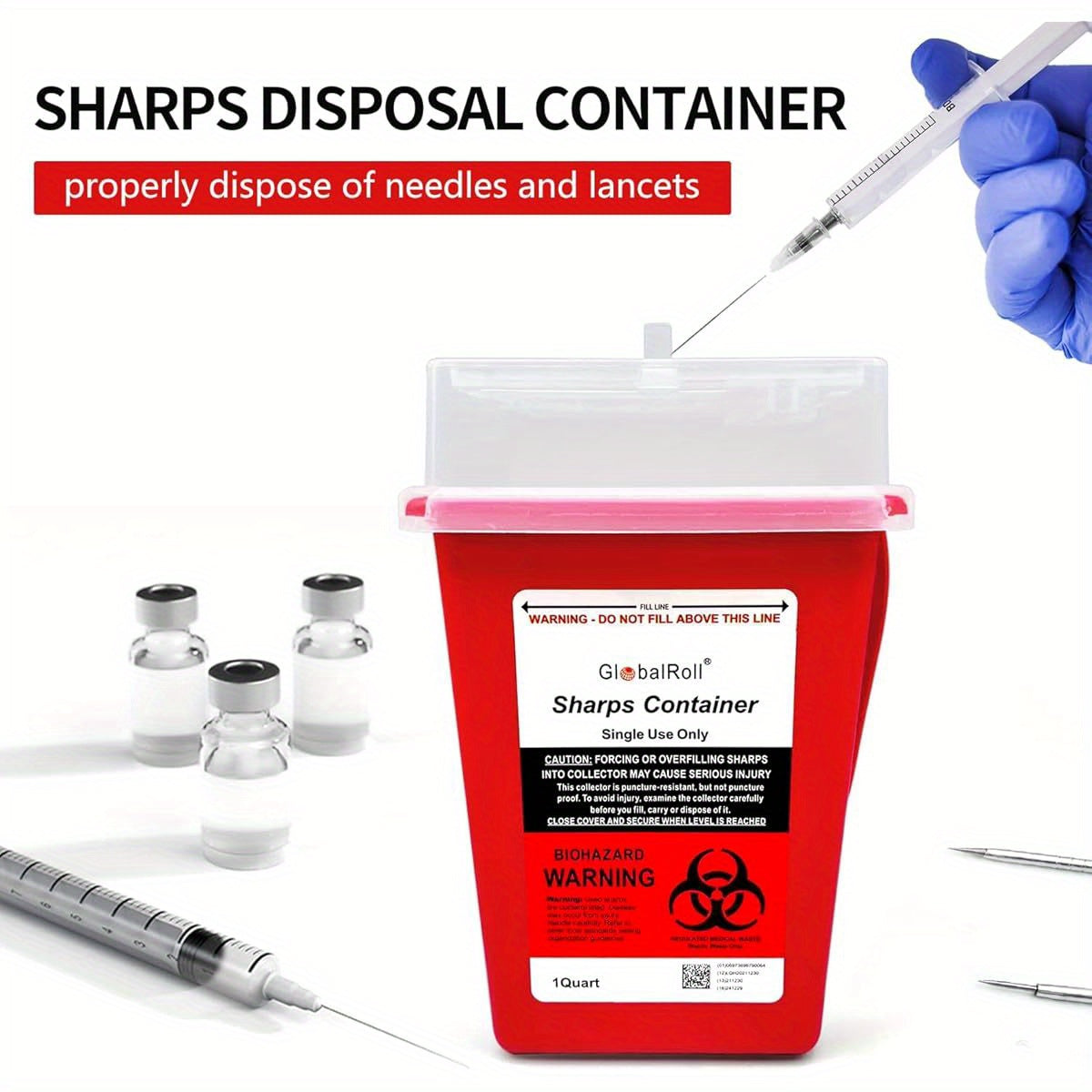 6 Pack GlobalRoll 1 Quart Sharps Containers - Biohazard Needle & Syringe Disposal Containers with Safety Lock, Red/Black Design for Home, Travel, Medical Use - OSHA & FDA Compliant, Sleek Oval Container, Secure Lid Closure, H
