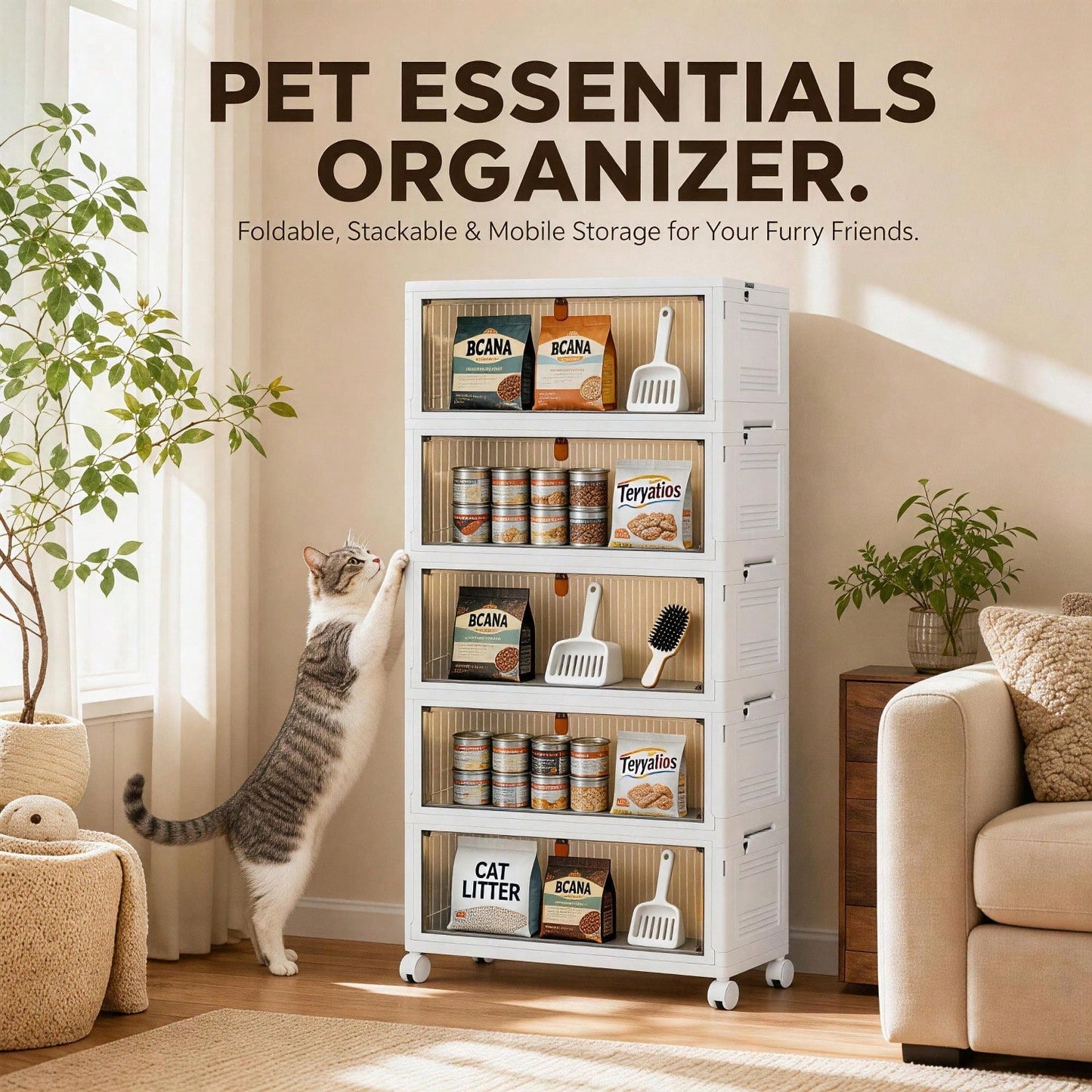 Foldable Stackable Pet Supplies Storage Bin With Wheels, Magnetic Door Collapsib