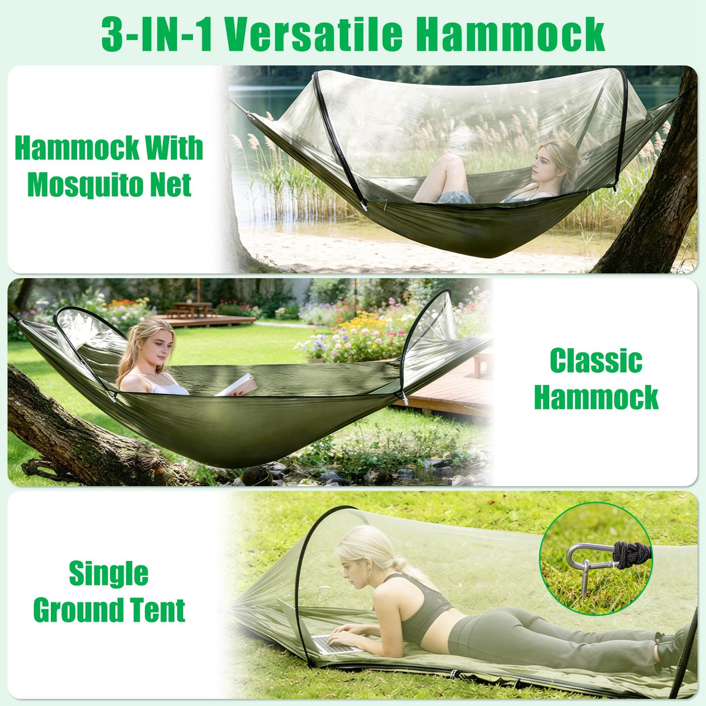 Hamac de camping portable avec moustiquaire intégrée, capacité 200 kg
