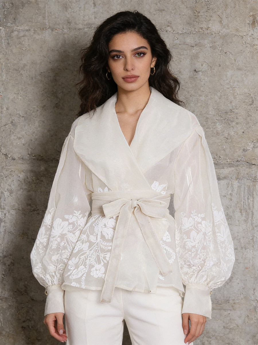 Floral Embroidery Wrap Belted Bishop Sleeve Blouse