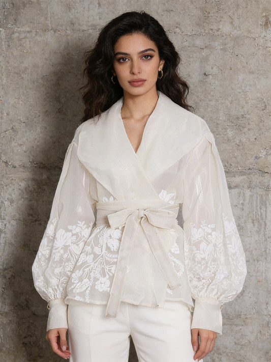 Floral Embroidery Wrap Belted Bishop Sleeve Blouse