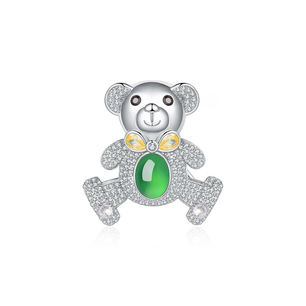 Broche Ours Pavée Argent S925 - Calcédoine Verte