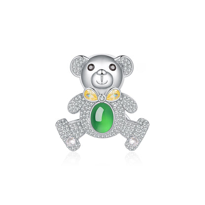 Broche Ours Pavée Argent S925 - Calcédoine Verte