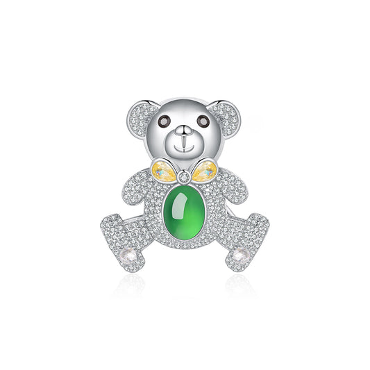 Broche Ours Pavée Argent S925 - Calcédoine Verte