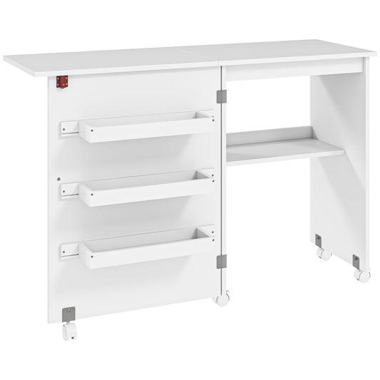 Folding Sewing Table, Drop Leaf Craft Table With Storage Bins, Open Shelf And Wheels, Rolling Sewing Machine Cabinet Computer Desk For Small Space, White