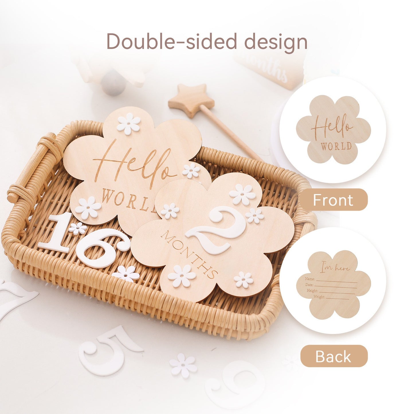 Cartes Étapes Bébé Fleur en Bois - Accessoires Photo Mensuels
