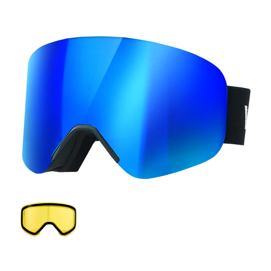 Frameless Ski Goggles, Magnet Cylindrical Lens With Dark Blue Revo Coating, OTG Anti Fog Snow Goggles For Men Women, TPU Frame & Ventilation Structure, Fit For Skiing, Skating, Snowboarding