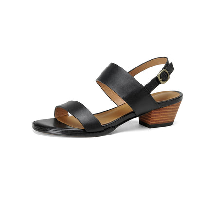 Women's Handmade Full - Grain Leather Double Band Block Heel Sandals, Adjustable