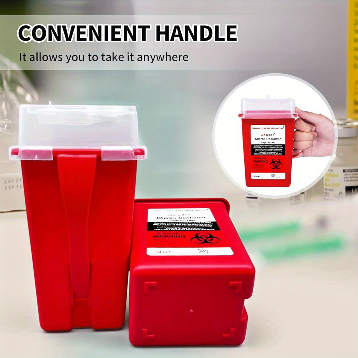 6 Pack GlobalRoll 1 Quart Sharps Containers - Biohazard Needle & Syringe Disposal Containers with Safety Lock, Red/Black Design for Home, Travel, Medical Use - OSHA & FDA Compliant, Sleek Oval Container, Secure Lid Closure, H