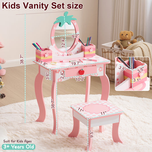 Pink MDF Spray-painted - Apple-printed 1-drawer 2-desktop Storage Box Children's Dressing Table Set
