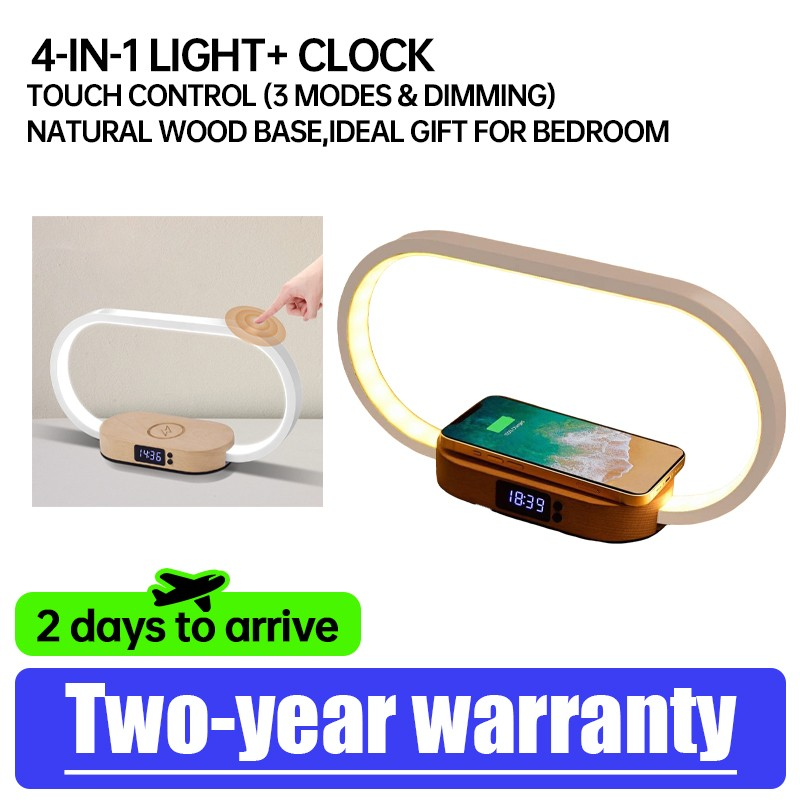 Lampe de chevet en bois avec chargeur sans fil, horloge et variateur tactile 3 couleurs